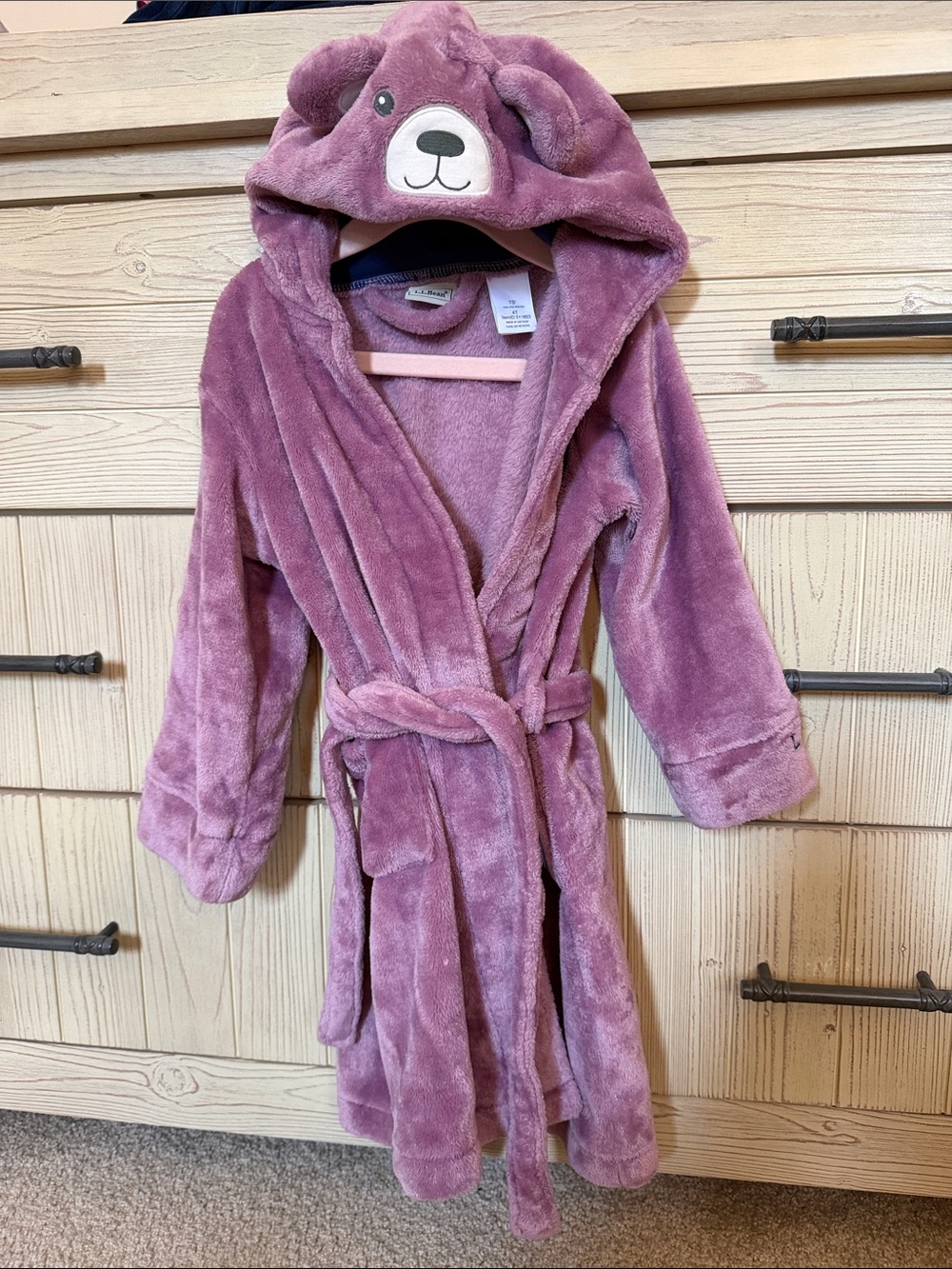 LL Bean Plush Bear Hooded Kids Robe - Pink Mauve
